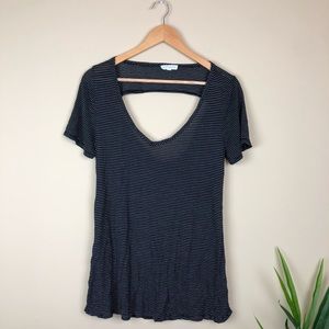 Black and White Pinstriped Cut-Out V-Neck Tee